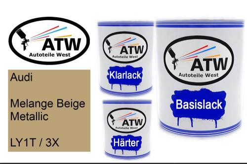 Audi, Melange Beige Metallic, LY1T / 3X: 1L Lackdose + 1L Klarlack + 500ml Härter - Set, von ATW Autoteile West.